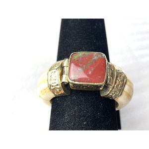 Vintage Bone Ornate Bracelet Red Agate Cabochon Silver Tone Bohemian Pin Closure